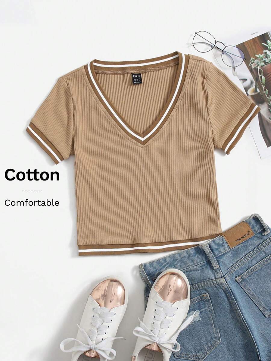 SHEIN EZwear v領拼接滾邊羅紋針織T恤 - 駝色 - 查看 1