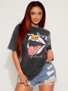 SHEIN SXY Summer;Oversized Vintage Distressed Snow Washed Short Sleeve T-Shirt, Loose Fit Pullover Tee With Leopard Lip Print, Versatile Casual/Sport/Party Wear For Spring & Autumn - Black - View 5