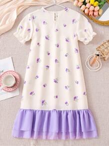 SHEIN Tween Girls Elegant Floral Print Long Nightgown, Apricot Color With Pink Lace, Fashionable Loungewear - Purple - View 2