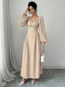 Modelyn 女士优雅长裙，方领，灯笼袖，褶皱，后系带，纯色，适合秋季长款女装