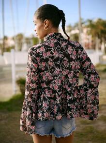 Maija 女式春季花卉印花立领喇叭袖后拉链休闲衬衫，黑色和粉色节日波西米亚风 - 黑色 - 查看 6
