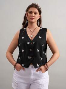 SHEIN LUNE Blusa casual senza maniche con scollo a V e chiusura monopetto, con motivo a farfalla, stile bohémien, adatta per l'estate, per donne di taglia comoda - nero - Visualizzare 5