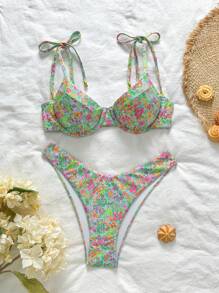 Swim Mod 女士海滩夏季服装 - 2 件套：随机印花细肩带金色比基尼上衣和高腰泳裤，假日度假比基尼泳装 - 彩色 - 查看 1