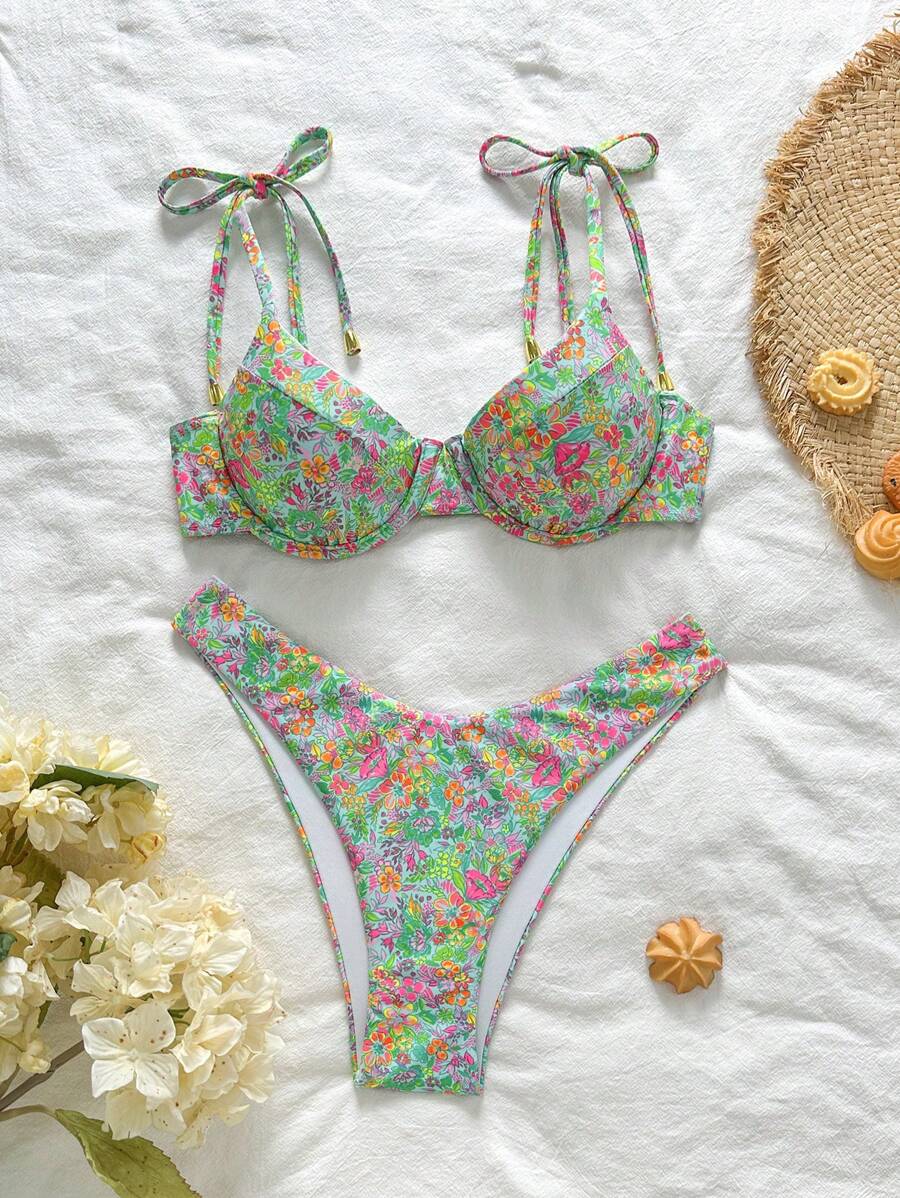 Swim Mod 女士海滩夏季服装 - 2 件套：随机印花细肩带金色比基尼上衣和高腰泳裤，假日度假比基尼泳装 - 彩色 - 查看 1