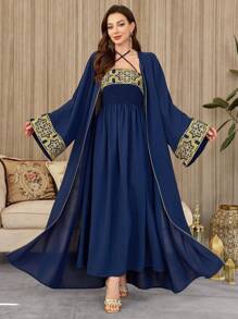 Al Najma Women Long Sleeve Minimalist Jacket & Dress 2 Pieces Set, Elegant - Navy Blue - View 6