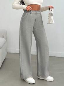 EURMUSE Women Solid Color High Waist Wide Leg Pants - Light Grey - View 5