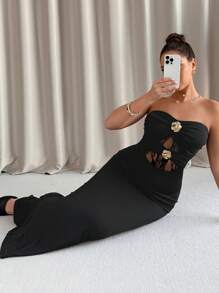 SHEIN Clasi Robe maxi sirène élégante avec patchwork en dentelle ajourée et boucle métallique décorative