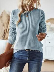 Lymera 女士休闲条纹圆领长袖宽松T恤，秋季印花T恤，适合春秋季外出、派对、圣诞节、感恩节、新年、工作、办公室、通勤等场合。 - 淺藍色 - 查看 4