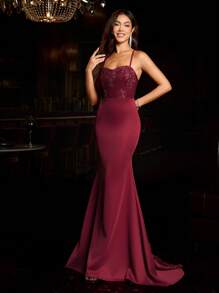 Coutiva 无袖蕾丝拖尾露背纯色美人鱼晚礼服，奢华晚礼服长裙，晚礼服，睡袍勃艮第红色礼服，适合音乐节春/夏，派对礼服，婚礼宾客礼服，礼服