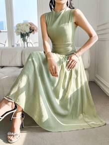 Modelyn 女式无袖高领褶饰中长连衣裙 - 綠色 - 查看 7