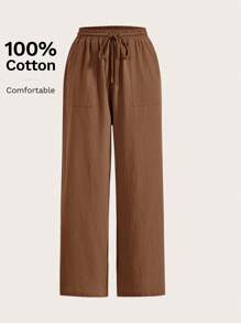 SHEIN EZwear Solid Drawstring Waist Wide Leg Pants - Brown - View 4