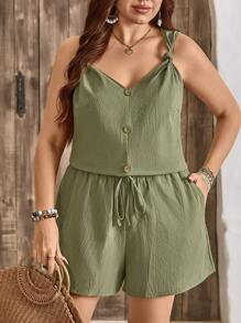 SHEIN LUNE Plus Size Women Jednorzędowy Top Bez Rękawów I Szorty Casualowy Garnitur Damski