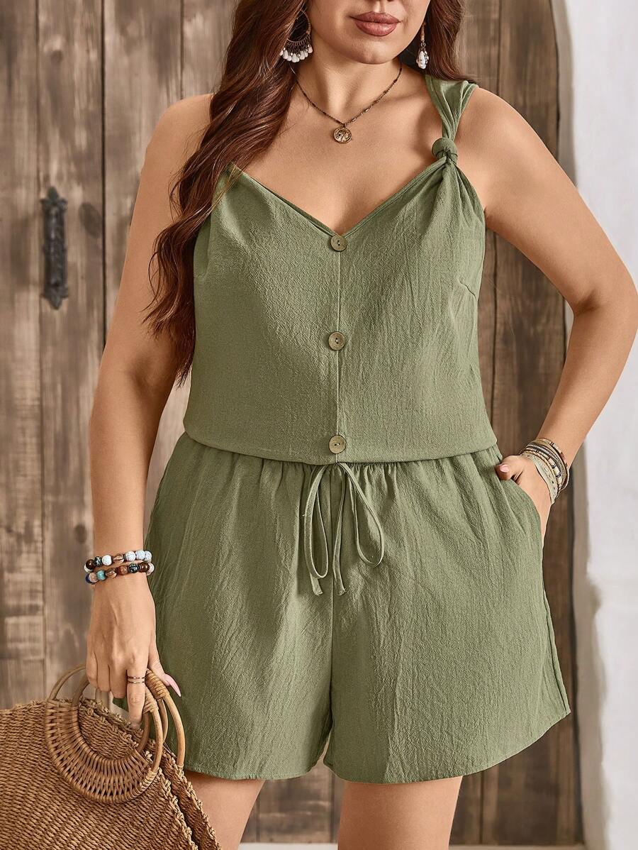 SHEIN LUNE Plus Size Women Jednorzędowy Top Bez Rękawów I Szorty Casualowy Garnitur Damski