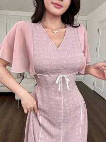 Modelyn Women's Elegant V-Neck Jacquard Romantic Short Sleeve Dress, Casual Everyday Wear - Pink - View 5