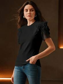 Anewsta Women Summer Short Sleeve T-Shirt, Round Neck Fitted Design With Ruffle & 3D Floral Decor - Black - View 6