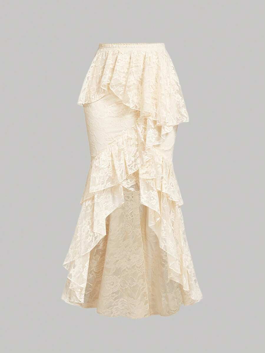 SHEIN MOD 女士米色荷叶边饰蕾丝美人鱼风格裙子、老钱、嬉皮士、节日、狂欢节服装、春假服装、女士西部服装、乡村、海滩、90 年代服装、女士春夏服装、女士端庄服装、蕾丝夏季裙子、蕾丝裙、荷叶边裙 - 杏色 - 查看 1