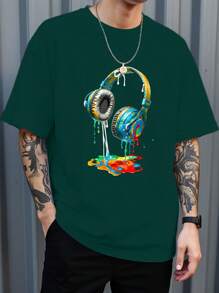 Manfinity Dauomo Men's Summer Short Sleeve Casual T-Shirt With Headphone Print - Dark Green - View 1