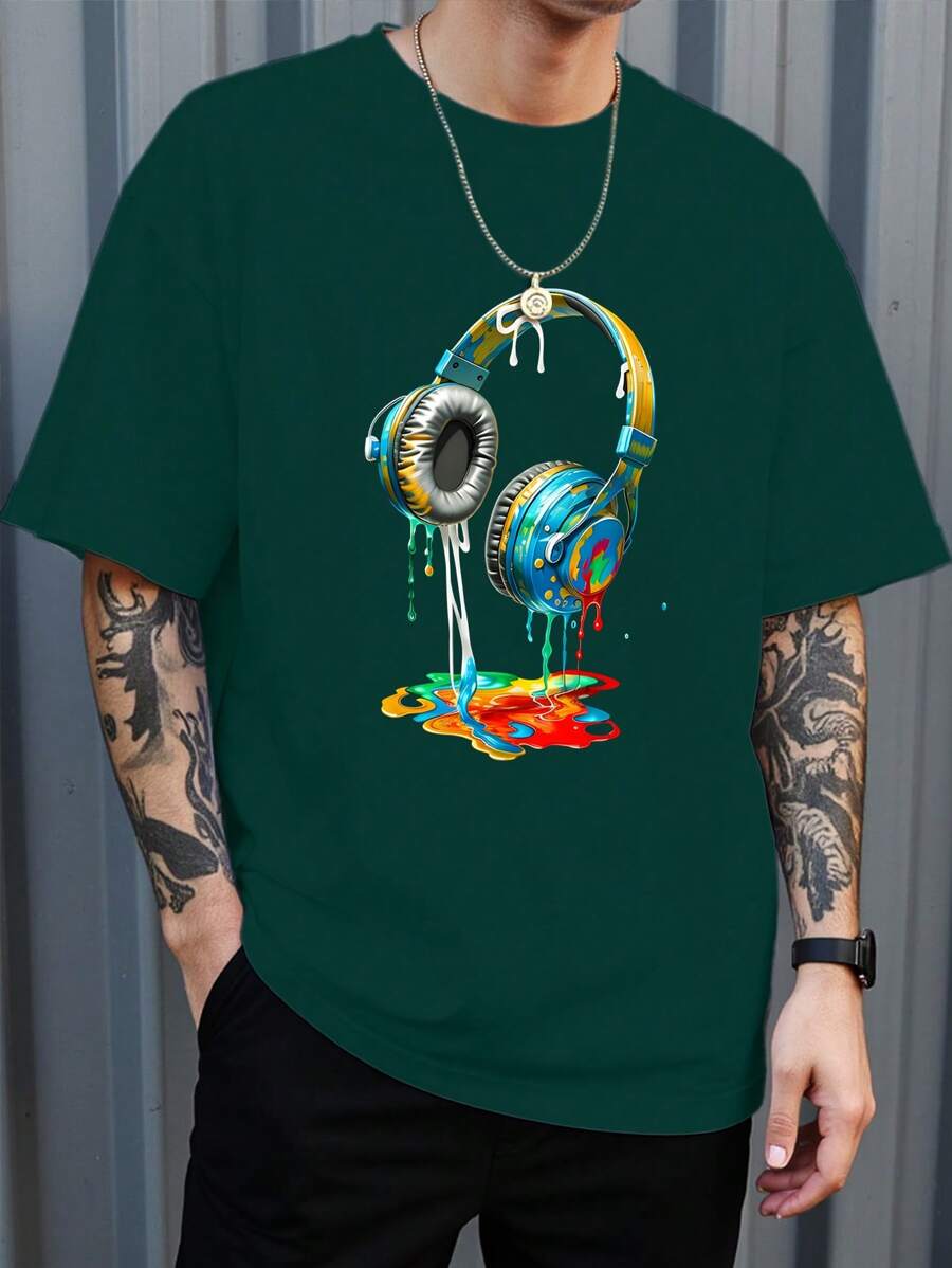 Manfinity Dauomo Men's Summer Short Sleeve Casual T-Shirt With Headphone Print - Dark Green - View 1