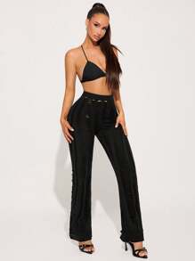 SHEIN SXY Fashionable Personalized Front Hollow Semi-Sheer Straight Leg Long Knitted Pants - Black - View 5