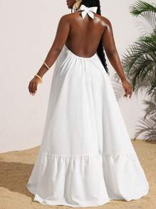 Slaydiva Summer Casual Vacation Sleeveless Ruffle Hem A-Line Long Dress For Women - White - View 2