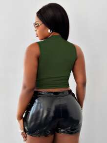 Maweii Plus Size Stand Collar Twist Front Cutout Sleeveless Sexy Tank Top - Army Green - View 6