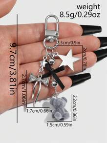 ROMWE Kawaii 1 件 Y2K 时尚优质银星链黑丝带玻璃水钻蝴蝶结泰迪熊吊坠钥匙扣，适合女士和女孩日常佩戴，节日礼物 - 銀色 - 查看 8