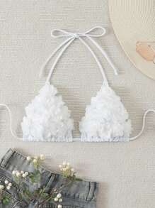 Swim Mod Summer Solid Color 3D Flower Halter Neck Swimwear Top