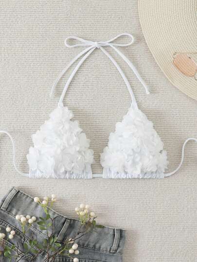 Swim Mod Summer Solid Color 3D Flower Halter Neck Swimwear Top