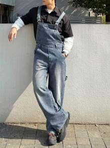 DAZY Men's Solid Blue Denim Bib Overall Pants, Autumn - Blue - View 3