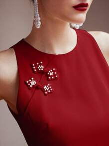 MOTF PREMIUM FAUX PEARL BUTTON JACQUARD TANK TOP - Red - View 2