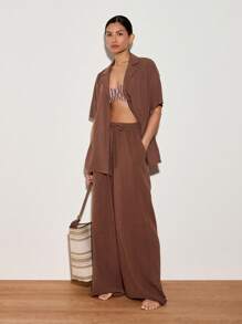 AiiRZ Wide Leg Linen Palazzo Pants Resort Wear Vacation Beach Loose Flowing Summer Trousers With Drawstring Waist Loungewear