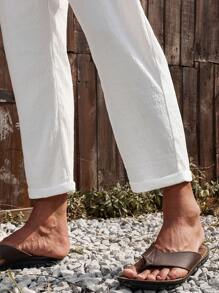 Manfinity RSRT Men's Casual Versatile Solid Color Drawstring Waist Pants Linen Pants For Men White Linen Pants Men Men Linen Bottoms, Fall - White - View 4