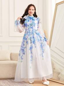SHEIN 少女蓝白立领灯笼袖连衣裙，配大蝴蝶结、花卉印花和欧根纱面料，优雅 - 藍白色 - 查看 4