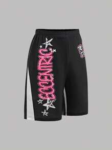 SHEIN 2 件套休闲时尚太空主题青少年男孩白色长袖连帽衫和运动裤套装，适合春秋季 - 黑與白 - 查看 6