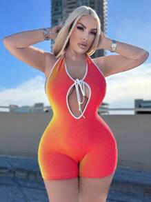SHEIN SXY Plus Size Women's Sexy Spring And Summer Music Festival Tie Neck Backless Colorful Striped Jumpsuit,Suitable For Fall & Winter, White Christmas Eve Costume Party, Date Night, Birthday, Bachelorette Party Outfit, Cute, Casual, Shopping, Streetwear, Going Out, Easy To Match & Looks Slim, Accent Your Body, Flatter The Figure - Multicolor - View 3