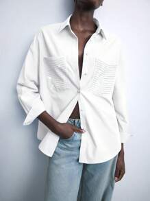 Maija New 2025 Autumn Urban Chic Elegant Holiday Party Vintage Daily Casual Women's Chestnut Rhinestone Embellishment Shirt, Suitable For Casual, Romantic Vacation, Outings, Gatherings, Weddings, Guests, Old Money Style, Valentine's Day, Music Festivals, Graduation, Business Casual - White - View 1