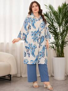 Lacomfia Bộ 2 món in kỹ thuật số cổ tròn phong cách thanh lịch cỡ lớn - Nhiều màu - Xem 1