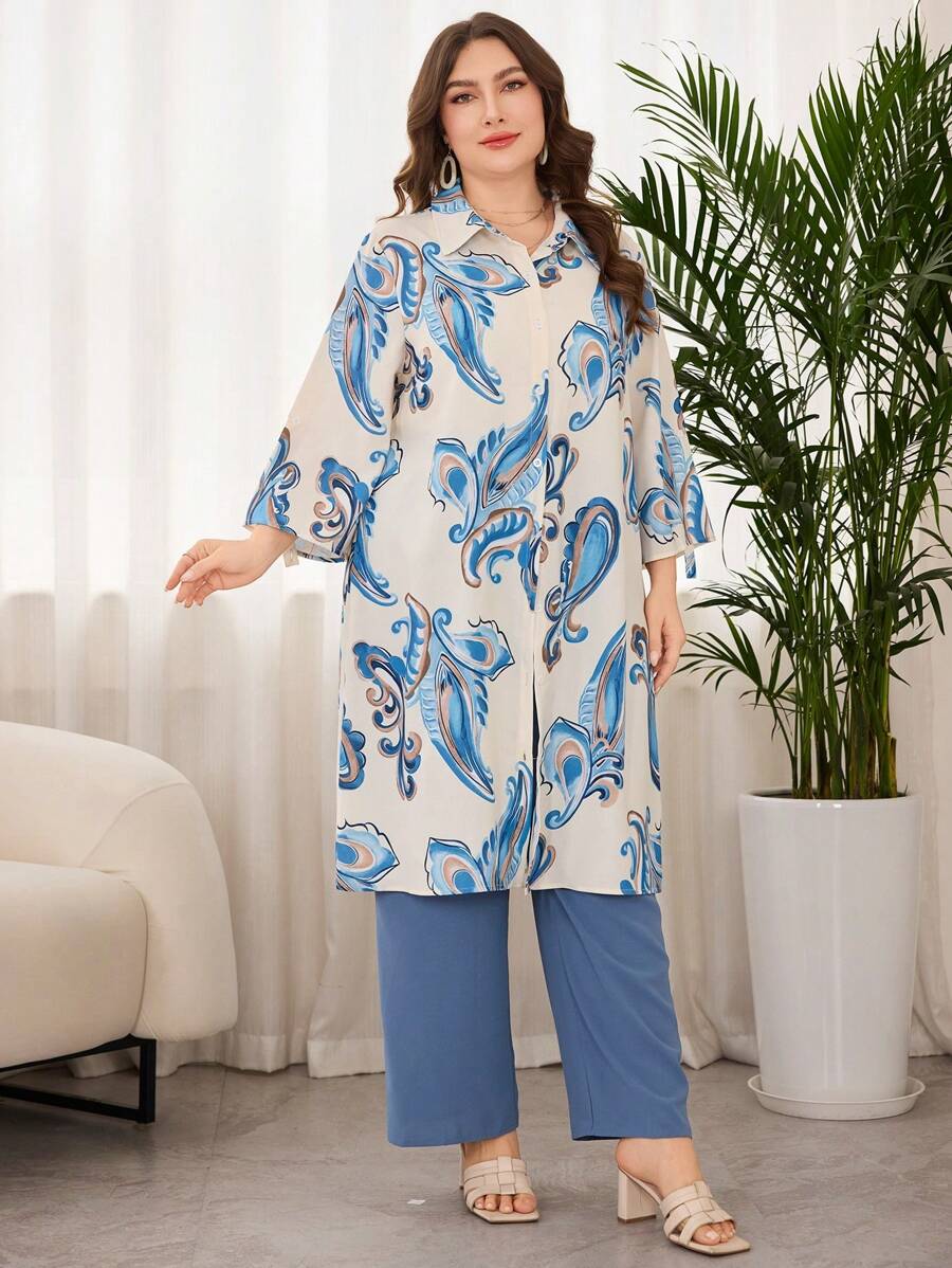 Lacomfia Bộ 2 món in kỹ thuật số cổ tròn phong cách thanh lịch cỡ lớn - Nhiều màu - Xem 1