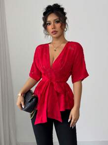 Elenzga 优雅性感红色网眼提花深 V 领短袖收腰蝴蝶结前襟女式衬衫 - 紅色 - 查看 5