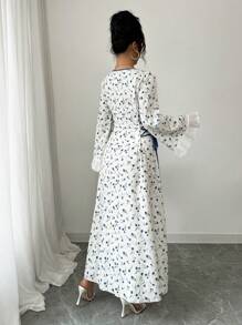 Yasmyna Váy chữ A dài tay thắt eo in họa tiết dệt cho nữ theo phong cách Ả Rập - Màu xanh lam - Xem 2