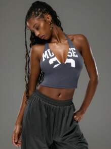 MUSERA Muse' Slogan Halter Neck Low Plunge Side Zip Sports Varsity Style Top Ibiza Fall