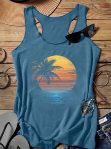 SHEIN LUNE Top tipo tank con cuello redondo y espalda de tirantes, con estampa de puesta de sol y paisaje marino, adecuado para el verano