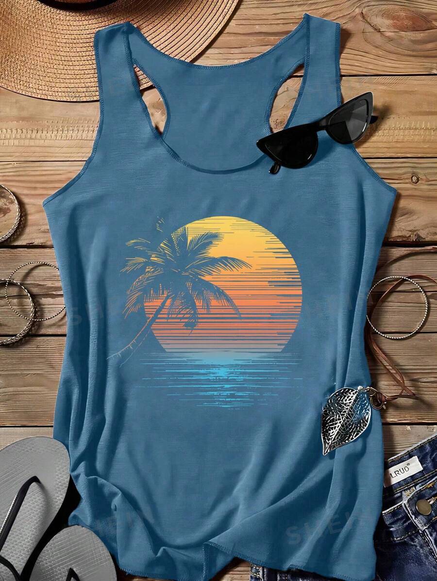 SHEIN LUNE Top tipo tank con cuello redondo y espalda de tirantes, con estampa de puesta de sol y paisaje marino, adecuado para el verano