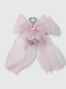 ROMWE Kawaii 1 件优雅简约手工珍珠、粉色/蓝色薄纱蝴蝶结、透明亮片心形星星钥匙扣饰品组合套装，时尚甜美包袋装饰，百搭女士礼物