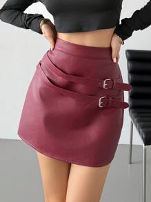 SHEIN Privé Valentine's Day New Elegant Vintage Motorcycle Biker Chic High Waist Multi-Belt Decor Burgundy PU Red Skirt With Metal Buckles Concert Rave Women Skirt