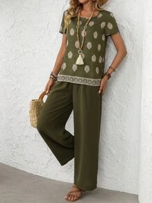 EMERY ROSE 2pcs Women Print Short Sleeve Top & Straight Leg Pants Set, Casual Daily Outfit, Spring/Summer - Multicolor - View 4