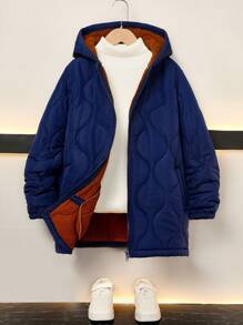 Tween Boys' Quilted Hooded Mid-Length  Coat, Suitable For Commuting, School, Casual, College And Sports, Fits For Autumn And Winter Seasons