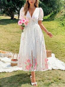 Flirla Đầm dài thường ngày in hoa cổ chữ V tay ngắn cỡ lớn - trắng - Xem 1