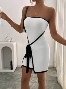 INAWLY 女士针织前系带抹胸针织连衣裙 - 米色 - 查看 3