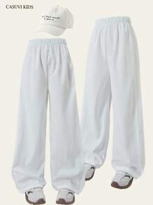 SHEIN Casuvi Kids 1pc Tween Girl High-Quality Textured Fabric White Casual High-End Comfortable Long Pants, New Summer Style Girls Pants Outfits - White - View 9